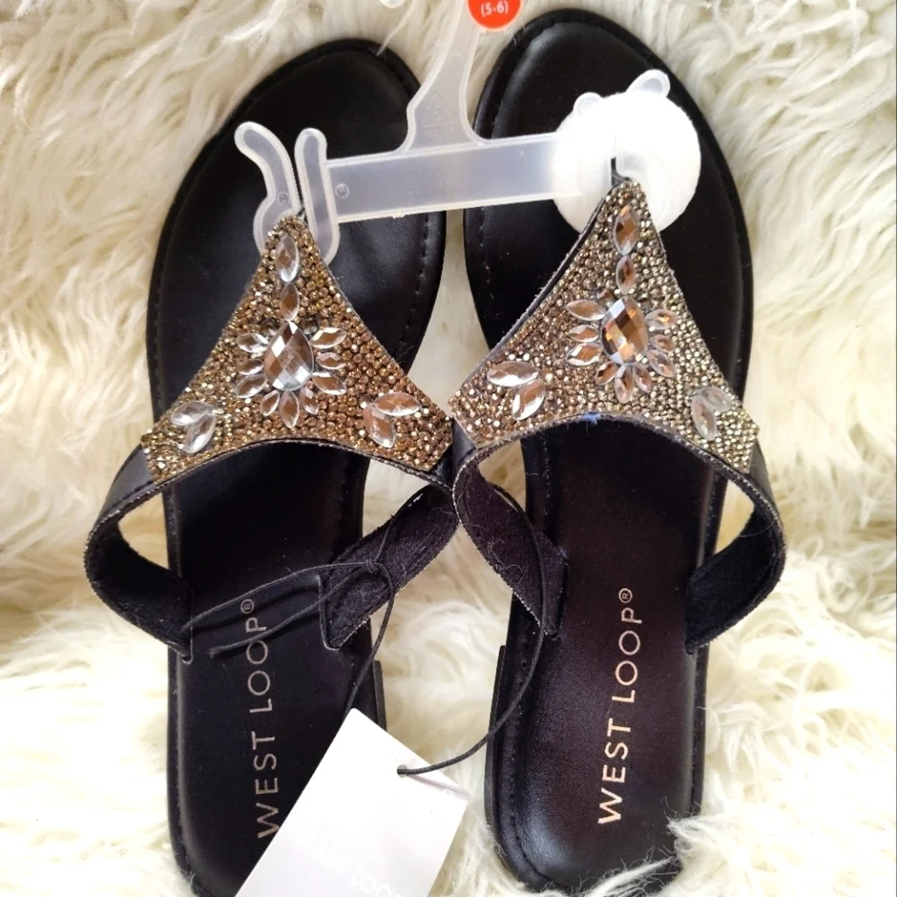 West Loop Black Leather Rhinestone Sandals Size Small - Picture 1 of 5